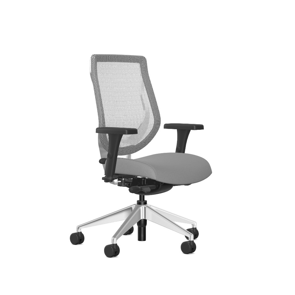 Allseating You Chair in polished aluminum frame and base m3 silica mesh and oasis drift fabric